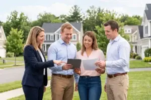 A real estate professional reviewing home closing documents on a tablet with a couple in a suburban neighborhood.