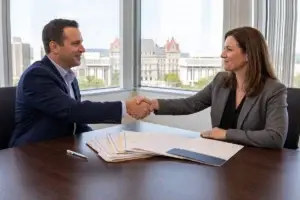 Two business professionals shaking hands across a conference table with real estate closing documents, with a city skyline visible through a large office window.