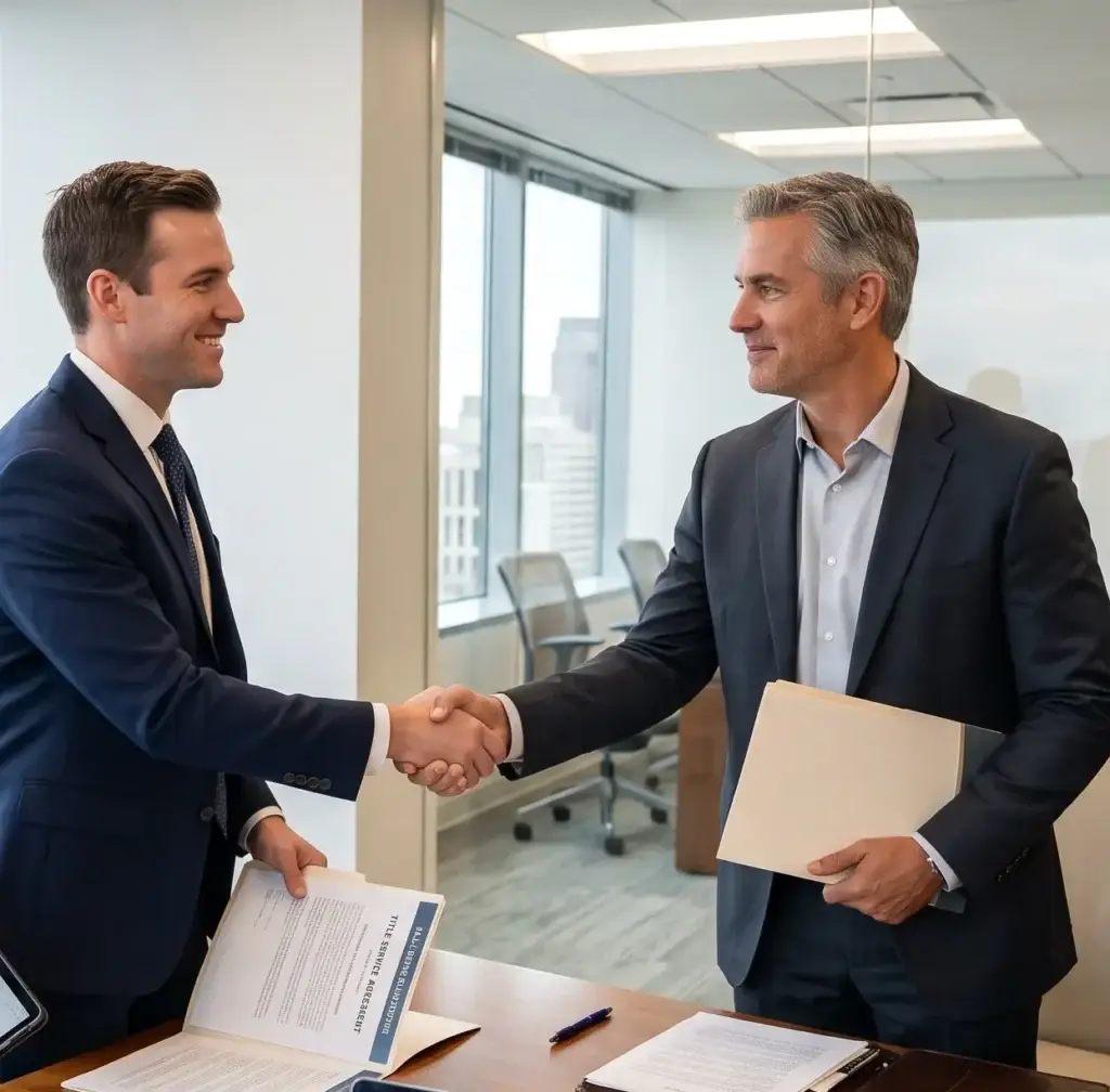 Two male professionals in business suits smiling and shaking hands over a conference table during a real estate title services meeting