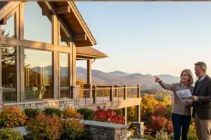 A mature couple stands on a patio reviewing documents, looking toward a mountain landscape and a distant city skyline outside a modern New York home.