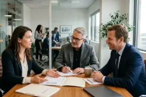 A candid photograph captures three business professionals having a focused discussion at a wooden conference table. The woman on the left, in a navy blazer, is speaking and gesturing with both hands. The middle-aged man with gray hair and glasses listens intently while holding a pen. The man on the right, also in a navy suit, smiles slightly as he looks toward the woman. They are reviewing documents and a laptop, with an open-plan office visible through glass partitions in the background.