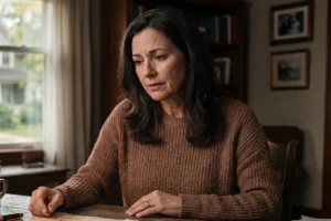 A concerned woman sitting at a desk with property deeds and documents spread in front of her, looking thoughtfully out a window toward a house